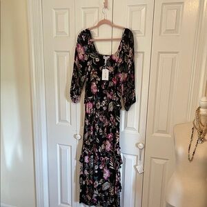 NWT Jessica Simpson Floral Scoop Neck Maxi Dress - Black with Pink Floral
